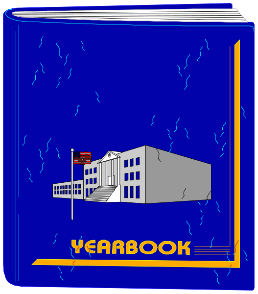 The image shows a blue notebook with an illustration of a school building on its cover labeled "Yearbook."