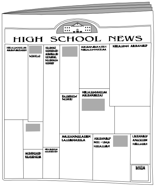 The black and white illustration shows a newspaper with text that reads "HIGH SCHOOL NEWS" at top in bold letters on an open page of paper. Below this headline is a grid-like layout containing various blocks, each labeled differently: 'Sports', 'Clubs & Organizations', 'Announcements' and other sections typically found within school newsletters or bulletins. The text inside the boxes lists names that appear to be related to different clubs and activities such as "Student Council", "Drama Club" etc., with some blocks containing checkboxes,