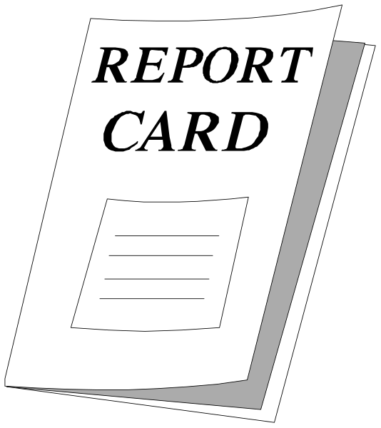 The image shows a report card with "REPORT CARD" written on it placed inside an open folder that is sitting atop another piece of paper which has been folded in half to create two sheets; both pieces have text, but only one sheet's content can be seen clearly and reads "Report Card."