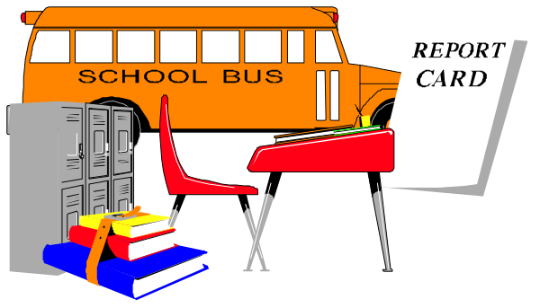 The image shows a school bus with an open door parked next to some items typically found inside classrooms: books on shelves, desks, chairs, lockers, and what appears to be student artwork displayed in front of them. There is also signage indicating "SCHOOL BUS" at the top left corner above the vehicle's window line.
