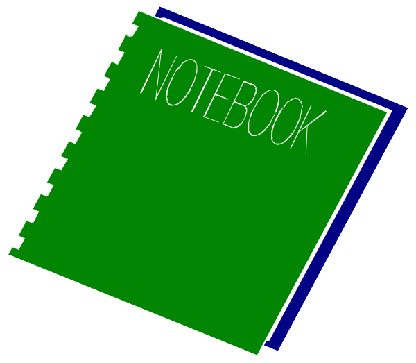 The image shows a green notebook with white pages labeled "NOTEBOOK" on top of it against an indistinct background that does not provide any additional context about its surroundings or objects within it.