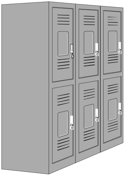 The image shows a gray locker with three compartments visible from an open door; it is set against a dark background that highlights its metallic surface.