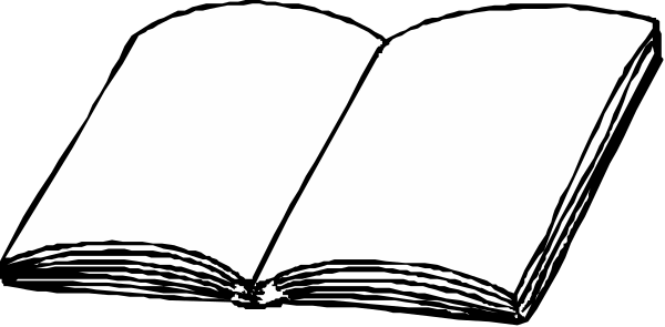 The black and white illustration shows an open book with pages visible on a flat surface against a dark background.