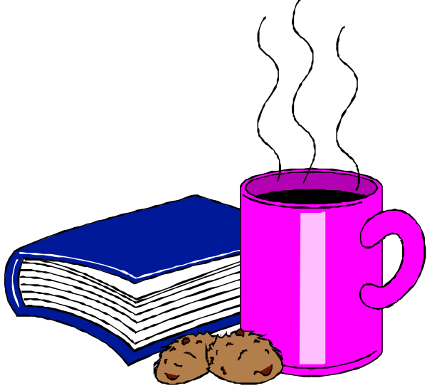 The image shows a collection of items on top of an open book: two coffee cups with handles facing outward; three books stacked horizontally to one side; a pair of glasses resting atop another book, which is closed and upright in front of them; a mug filled with what appears to be cookies or biscuits. The background behind these items is black.