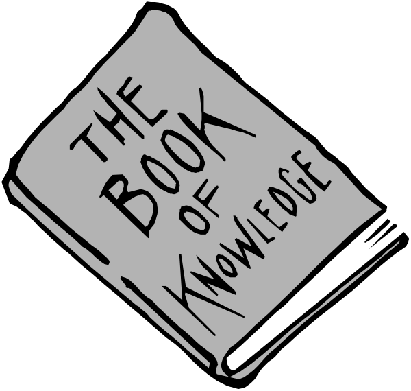 The black and white illustration shows a book titled "The Book of Knowledge" with an open cover revealing pages inside.