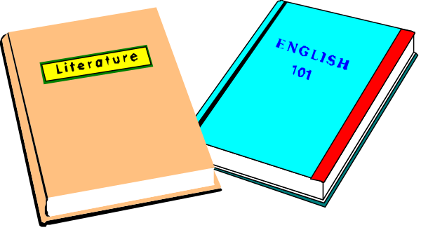 The image shows three books with their spines facing outward: "English Literature 101," a blue book; another red-striped book labeled as an English textbook; and a third, smaller white book titled "Literature." They appear to be on display or for sale. There is no visible setting beyond the books themselves. The image has been edited with clip art elements such that one of the spines seems disconnected from its corresponding body page, creating a surreal effect where it appears as if only two-thirds of each book are present in reality while