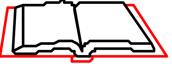 The image shows a red book with white pages on top of an open laptop screen displaying what appears to be a webpage layout in shades of gray and black.