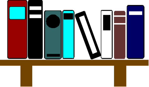The image shows a bookshelf with several colorful book spines visible against a dark background; there is no text present in this clip-art illustration.