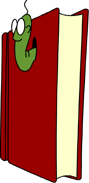 The image shows a cartoon of an open book with pages that appear to be blank; there is no text on them. A small green creature resembling a frog peeks out from between two books, looking surprised and holding its hands up in front of it as if caught off guard or excited by the discovery. The background consists only of solid colors without any additional details visible within this cropped image.