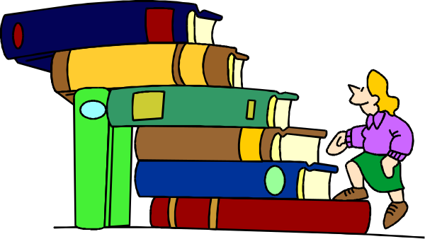 The image shows a cartoon of an animated character standing next to multiple stacks of books with colorful spines on what appears to be a dark background; there is no text present in this clip-art illustration.