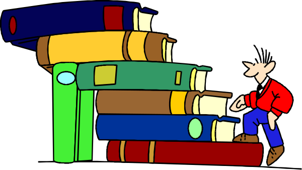The cartoon shows a man standing next to an assortment of books on shelves that resemble train cars; he is pointing at one book with his right hand while holding another in front of him with both hands, suggesting comparison between them.