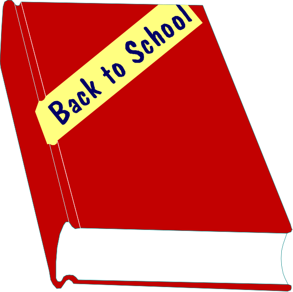 The image shows a red book with text on it that reads "BACK TO SCHOOL" atop an open notebook-style page featuring white paper inside.