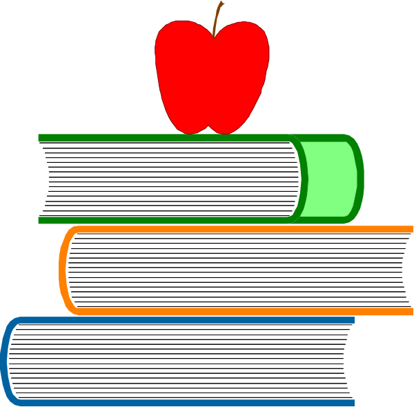 The image shows a cartoon illustration of an apple on top of two books with spines facing upwards; there is no text present in this clip-art graphic.