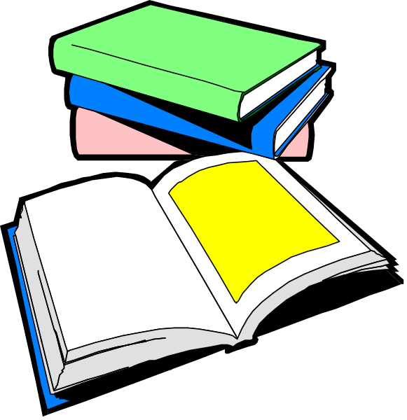 The image shows a collection of books with an open book on top displaying its pages to reveal text inside; there is also another closed book next to it in portrait orientation.