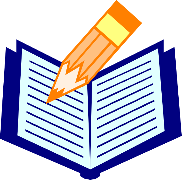 The image shows a book with an orange pencil pointing to it on top of another open blue book; there is no text present in this clip-art illustration.