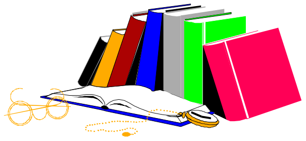 The image shows a colorful stack of books with rainbow stripes on top against a dark background; there is no text present in this clip-art illustration.