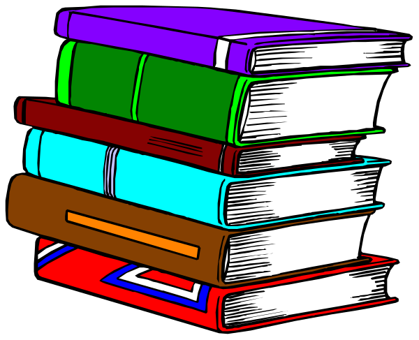 The illustration shows a stack of books with various spines visible on top against a dark background; there is no text present in this image.