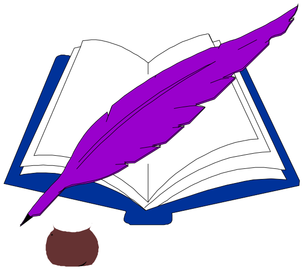 The image shows a purple quill pen resting on an open book with pages visible; to its right is a cup of coffee next to it.