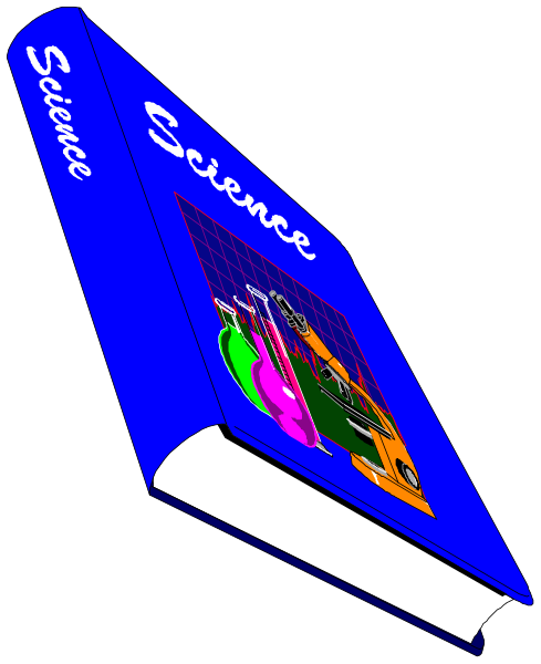 The image shows a book titled "science" with an illustration of three cartoon characters on its cover: two pink ones at top left corner and one green in bottom right corner; all against blue background.