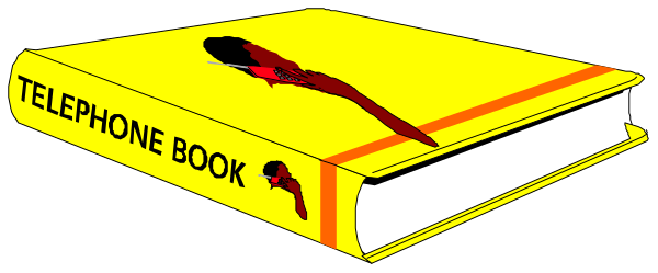 The image shows a book titled "TELEPHONE BOOK" with an illustration of a telephone on its cover next to what appears to be blood splatters; there is also another smaller figure that resembles a person in red, standing behind or beside it.