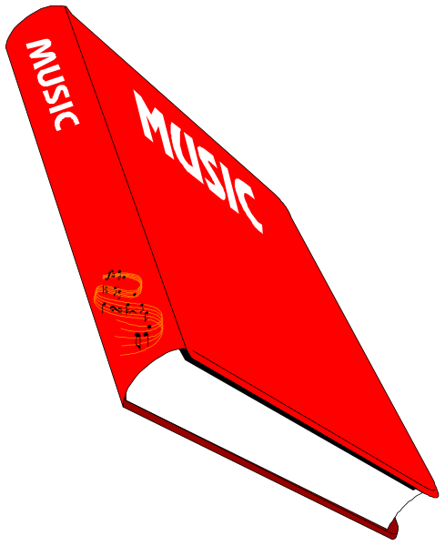 The image shows a red book with white text that reads "MUSIC" on its spine against a black background.