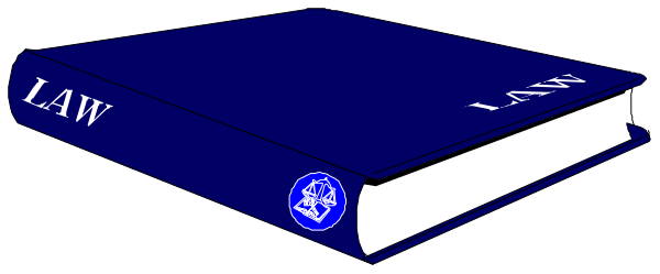 The image shows a blue book with white text that reads "LAW" on it against a dark background.