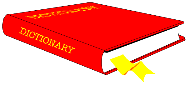 The image shows a red dictionary with "dictionary" written on it lying next to an open book titled "Webster's Dictionary."