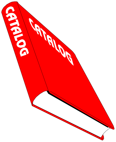 The image shows a red book with white text that reads "CATALOG" on it against a black background.