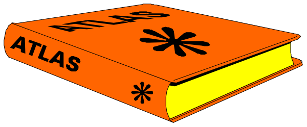 The image shows a book with an orange cover that has black text on it reading "ATLAS" at its top right corner; there is also some sort of design resembling flames in yellow near the bottom left, and what appears to be two small white shapes or symbols above this flame-like pattern.