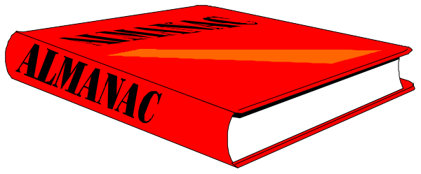 The image shows a red book with white text that reads "ALMANAC" on it against a black background.