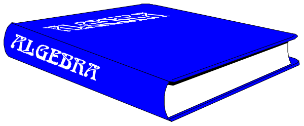 The image shows a blue book with white text that reads "ALGEBRA" on it placed against a dark background.