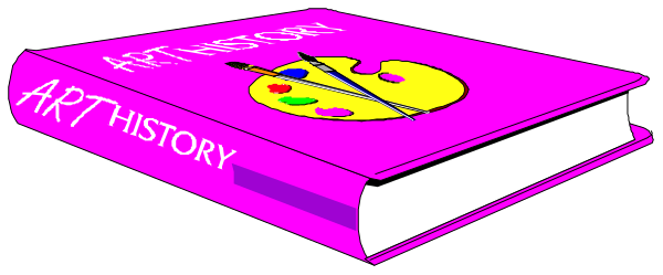 The image shows a book with an open cover that displays text "ART HISTORY" on it against a dark background; there is also what appears to be a small figure of a person in pink atop one page, and below them, another word "STUDY."