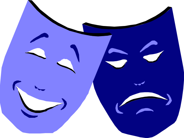 The image shows three theater masks with exaggerated facial expressions: a happy mask on top left, an angry mask next to it in center right, and another sad-looking one at bottom left.
