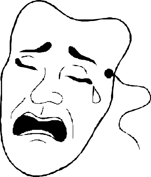 The black and white cartoon shows a character with an exaggerated sad expression on its face; it has closed eyes and is holding what appears to be tears in one hand while looking upwards towards them.