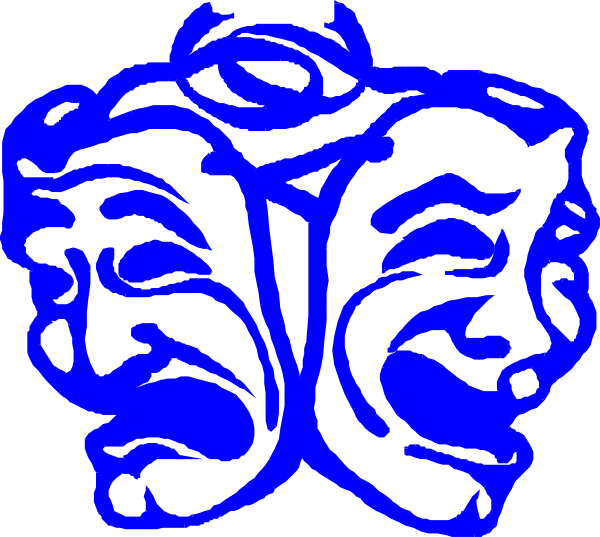 The image shows a blue silhouette of two theater masks with exaggerated facial expressions against a white background.