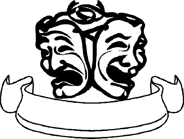 The black and white silhouette of two theater masks with exaggerated facial expressions on a stage set against an audience backdrop.