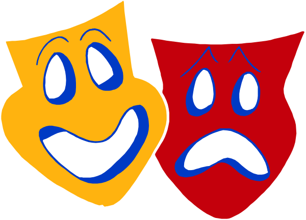 The image shows three cartoon faces with exaggerated expressions: a yellow face on top left is smiling broadly; below it to its right is an orange face that looks sad; at bottom center there's another red face, which appears angry and has tears falling from one eye.