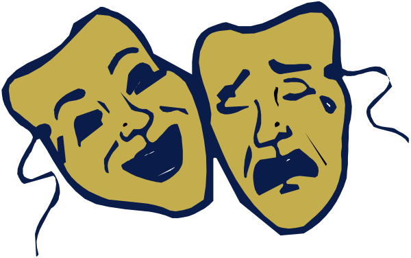 The image shows a black background with two yellow masks on it; each mask has an exaggerated facial expression: one is laughing while the other appears to be crying.