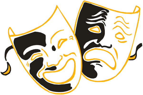 The black and white silhouette of a theater mask with exaggerated facial expressions on it.