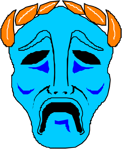 The image shows a blue mask with white details that resembles an ancient Greek theater mask known as "Melpomene," which is often associated with tragedy in drama; it has two tear-like shapes on either side of its face, and there's no text or other objects present.