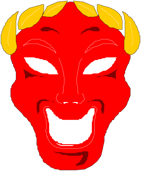 The image shows a red mask with gold laurels on top of it against a black background.
