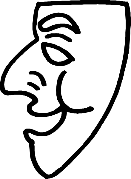 The black and white silhouette of a mask with an exaggerated mustache is shown against a checkered background.