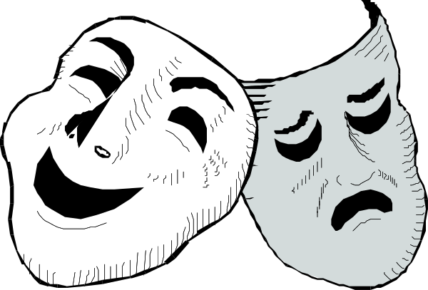 The black and white comic strip features two theater masks with exaggerated facial expressions: a happy mask on top of another sad mask; both have eyes closed in their respective emotions.