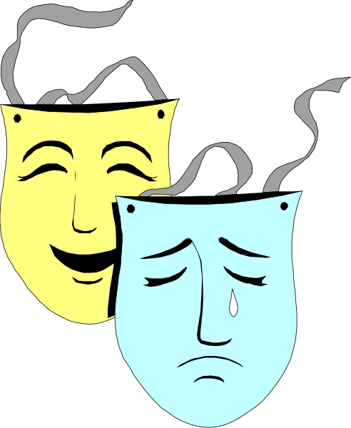 The black and white illustration features a theater mask on its side with two faces: one yellow smiling face next to another blue sad face; both masks have eyes closed in laughter.