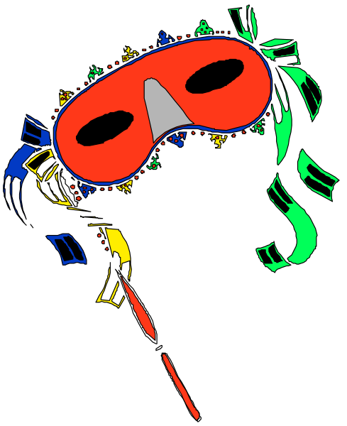 The image shows a colorful mask with money symbols on it against a black background.