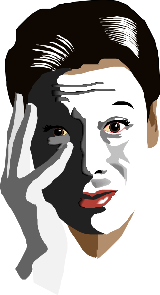 The image shows a black and white illustration of an animated character with exaggerated facial features resembling clown makeup, looking out from behind what appears to be bars on either side.