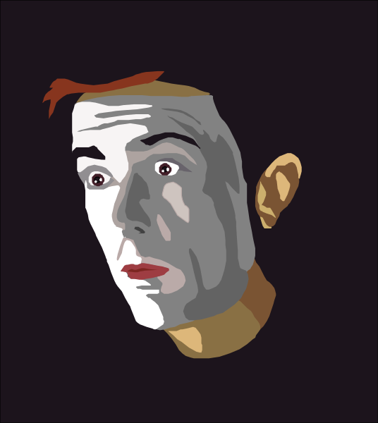 The image shows a man with red hair looking surprised against a black background.