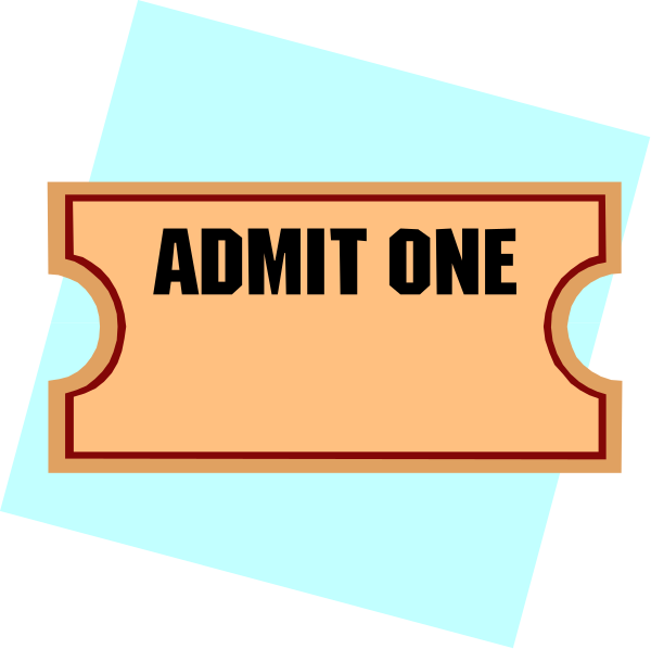 The image shows a ticket with "Admit One" written on it placed against an abstract background that resembles paper tickets being torn off from rolls of film stock.