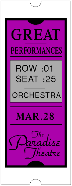 The image shows a vintage theater ticket with details such as "Great Performances," row number 105, seat numbers from 2 to 6 in section A of Orchestra RA, date March 30th and time at 7:45 PM for an event called the Paradise Theatre. It also includes information about performances on April 9th through May 8th with a similar format ticket design. The image is black-and-white except for purple text highlighting "Great Performances." There are no people, animals or actions depicted in this clip art