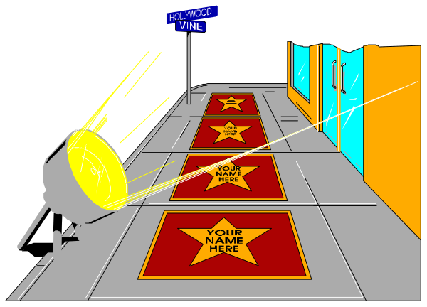 The image shows a black and white illustration of an indoor scene with a Hollywood Walk of Fame theme featuring stars on floor tiles leading to a door labeled "Hollywood VIP." A person is standing in front, looking at their reflection in what appears to be a mirror or shiny surface above them. There's also text that reads "YOUR NAME HERE" and an arrow pointing upwards with the word "Welcome!"